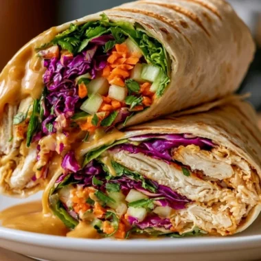 Delicious Thai Peanut Chicken Wraps filled with vibrant vegetables and sauce