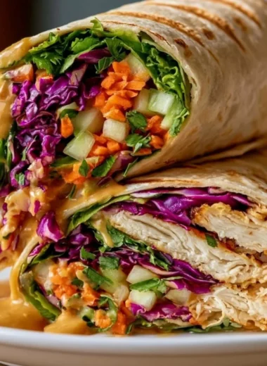 Delicious Thai Peanut Chicken Wraps filled with vibrant vegetables and sauce