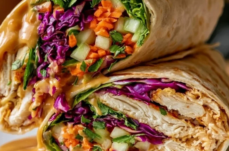 Delicious Thai Peanut Chicken Wraps filled with vibrant vegetables and sauce