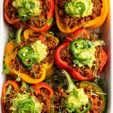 Whole30 taco stuffed peppers filled with seasoned beef and vegetables