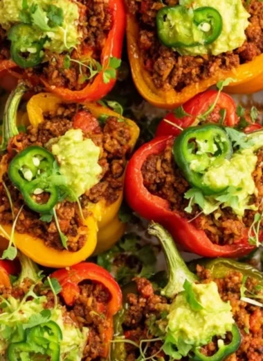 Whole30 taco stuffed peppers filled with seasoned beef and vegetables