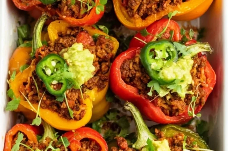 Whole30 taco stuffed peppers filled with seasoned beef and vegetables