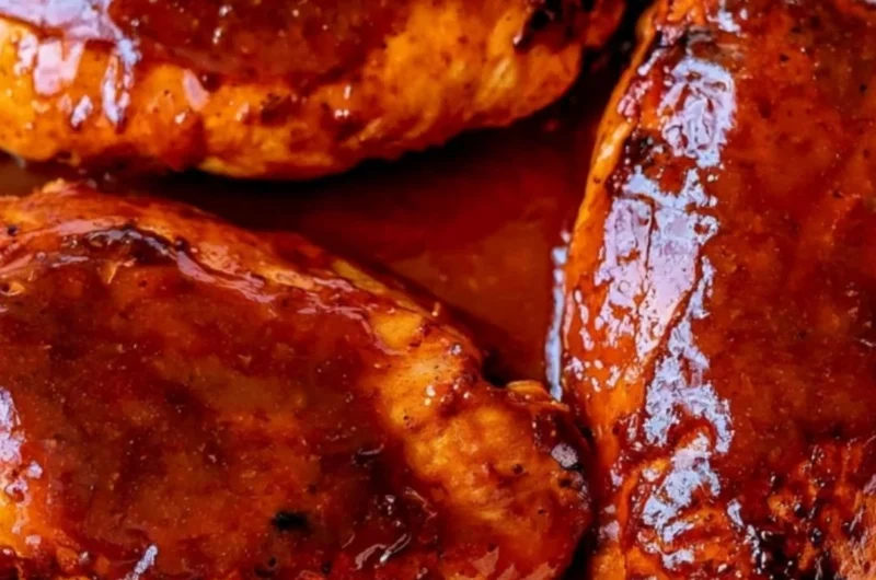 30 minute BBQ baked chicken breasts served on a plate with sides.