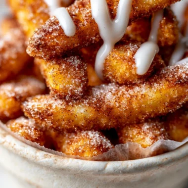 Delicious air fryer apple fries served in a bowl with cinnamon sugar.