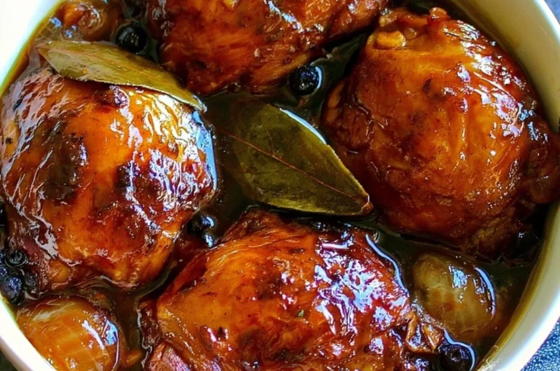 Delicious serving of authentic Filipino Chicken Adobo dish with rice