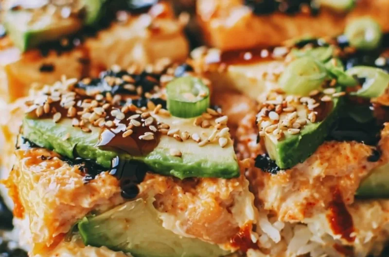 Baked Spicy Salmon Sushi Casserole dish with layer of salmon and rice