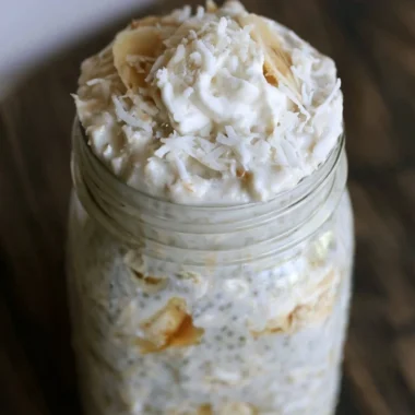 Healthy banana and coconut overnight oats served in a bowl