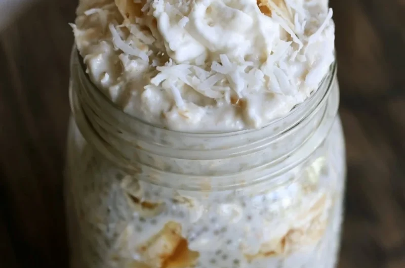 Healthy banana and coconut overnight oats served in a bowl