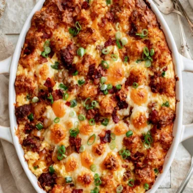 Delicious breakfast casserole topped with cheese and veggies