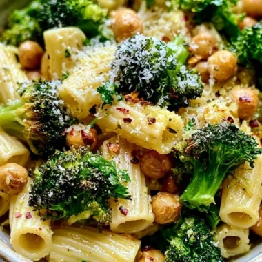 Broccoli Chickpea Pasta drizzled with garlic olive oil, served in a bowl