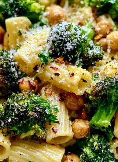 Broccoli Chickpea Pasta drizzled with garlic olive oil, served in a bowl