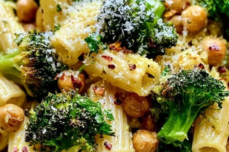Broccoli Chickpea Pasta drizzled with garlic olive oil, served in a bowl