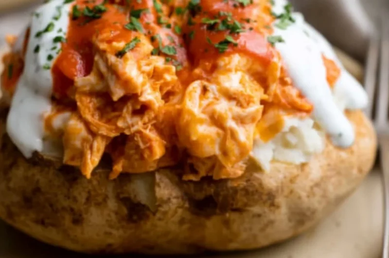 Buffalo chicken twice baked potatoes topped with cheese and green onions