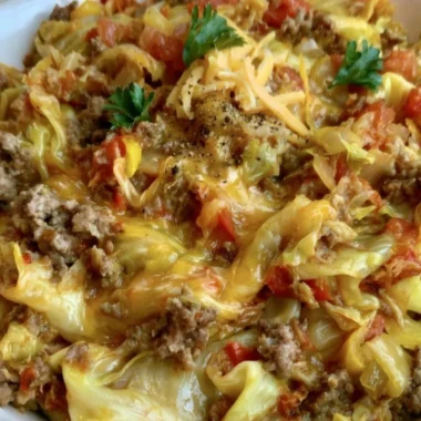 Cabbage Roll Skillet with ground beef on a plate, a healthy keto dinner meal.