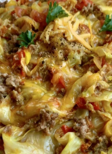 Cabbage Roll Skillet with ground beef on a plate, a healthy keto dinner meal.