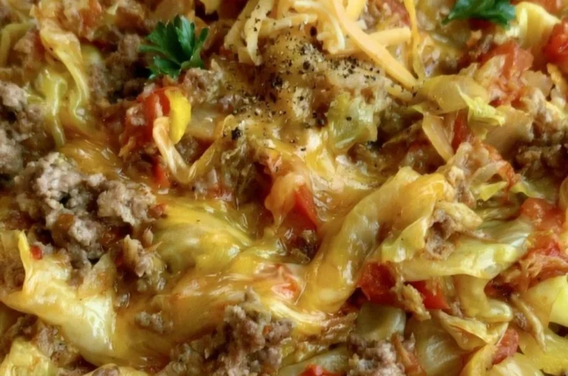 Cabbage Roll Skillet with ground beef on a plate, a healthy keto dinner meal.