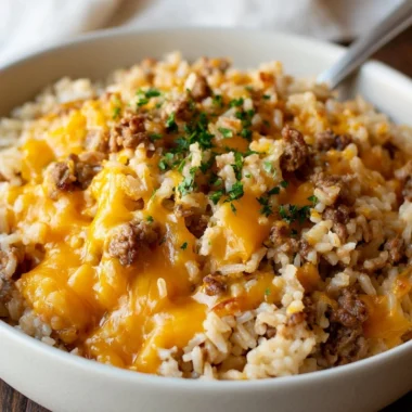 Cheesy ground beef and rice casserole served in a baking dish