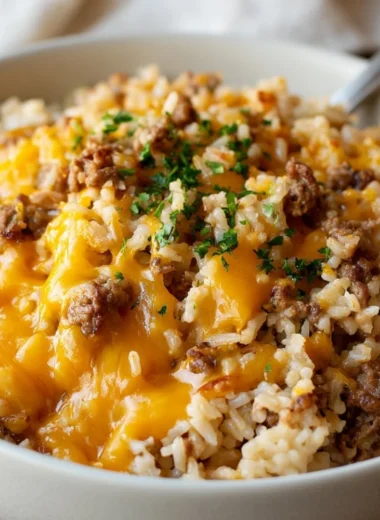 Cheesy ground beef and rice casserole served in a baking dish