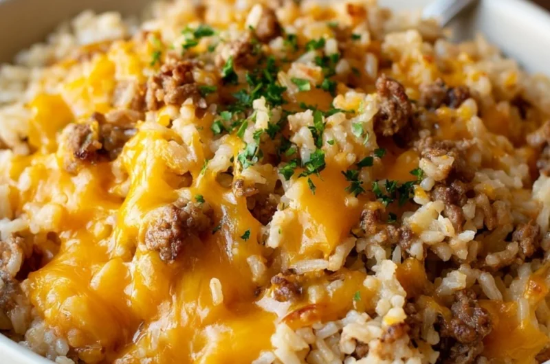 Cheesy ground beef and rice casserole served in a baking dish