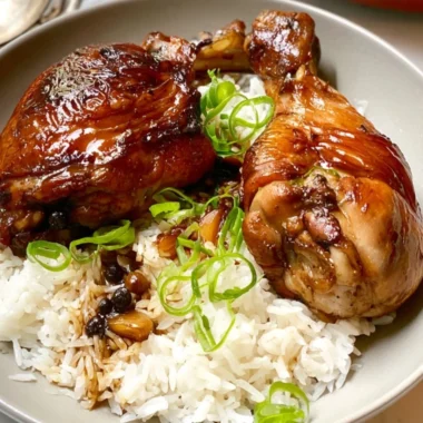 Delicious Chicken Adobo served in a bowl with rice and garnished with herbs.