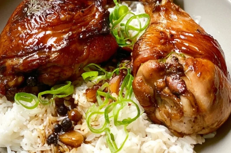 Delicious Chicken Adobo served in a bowl with rice and garnished with herbs.