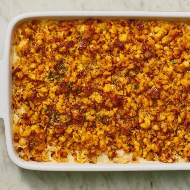 Delicious chicken and stuffing casserole baked to perfection
