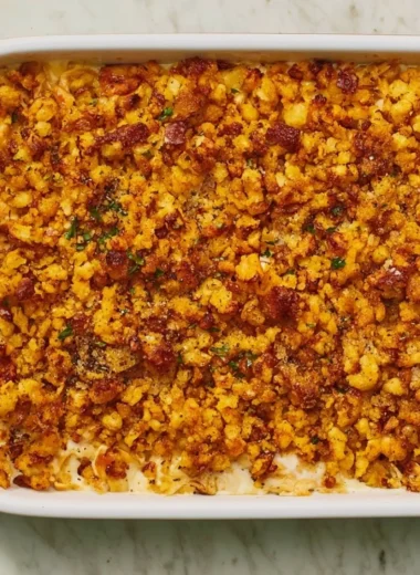 Delicious chicken and stuffing casserole baked to perfection