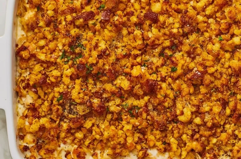 Delicious chicken and stuffing casserole baked to perfection