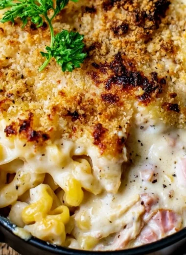 Delicious Chicken Cordon Bleu Casserole served in a dish with herbs and cheese