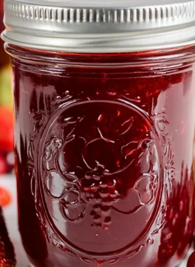 Homemade Christmas Jam for Canning with festive decorations