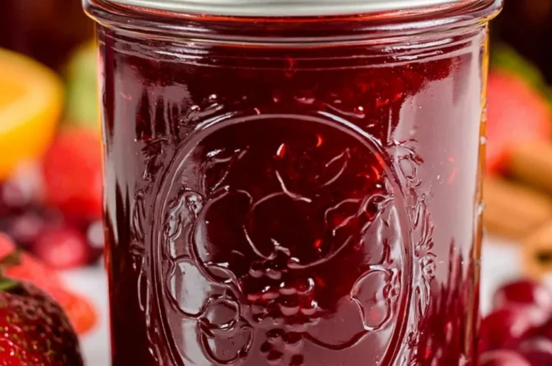 Homemade Christmas Jam for Canning with festive decorations