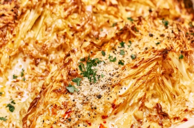 Plate of creamy garlic butter cabbage garnished with herbs