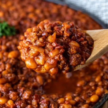 Bowl of easy cowboy baked beans with spices and herbs, perfect for BBQs.