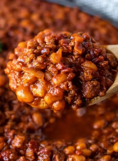 Bowl of easy cowboy baked beans with spices and herbs, perfect for BBQs.