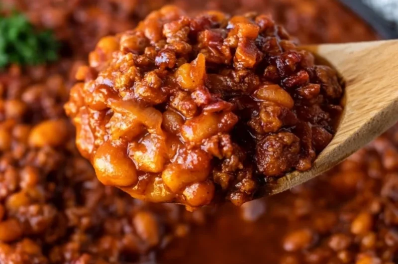 Bowl of easy cowboy baked beans with spices and herbs, perfect for BBQs.