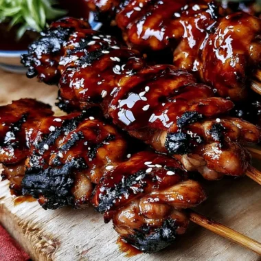 Delicious easy Japanese chicken skewers ready to be grilled.