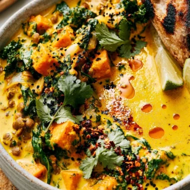 Bowl of gingered sweet potato and coconut milk stew topped with fresh herbs