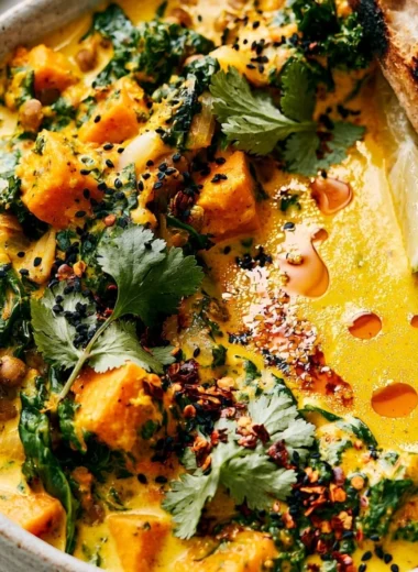 Bowl of gingered sweet potato and coconut milk stew topped with fresh herbs