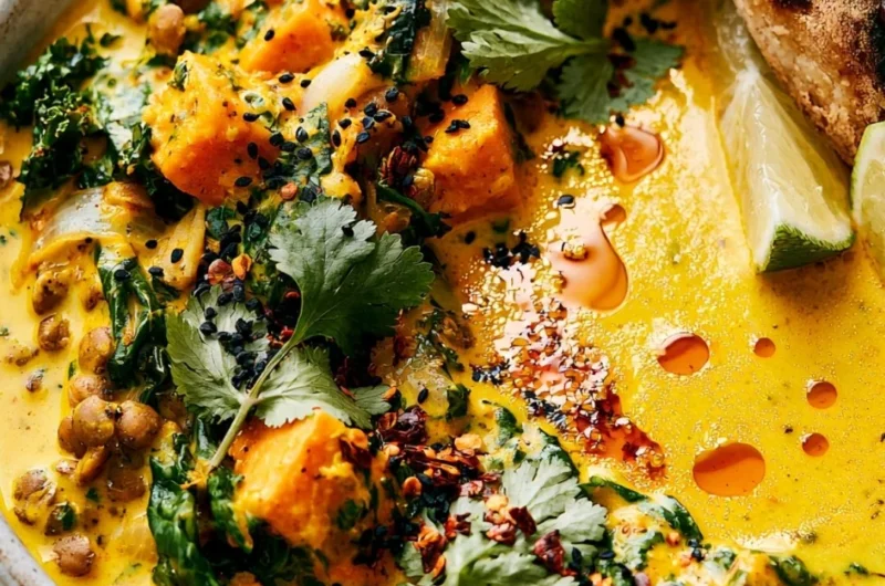 Bowl of gingered sweet potato and coconut milk stew topped with fresh herbs