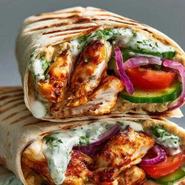 Greek chicken wraps with fresh vegetables and herbs in a tortilla