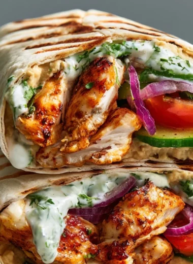 Greek chicken wraps with fresh vegetables and herbs in a tortilla