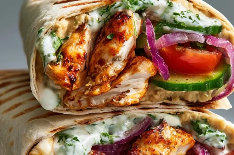 Greek chicken wraps with fresh vegetables and herbs in a tortilla