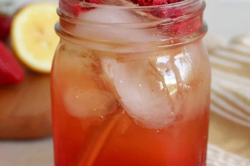 Iced Strawberry Green Tea in a glass with fresh strawberries