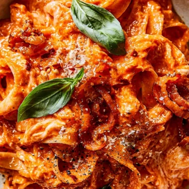 Delicious Italian Tagliatelle pasta with pancetta, fresh basil, and mozzarella cheese