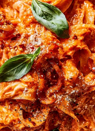 Delicious Italian Tagliatelle pasta with pancetta, fresh basil, and mozzarella cheese