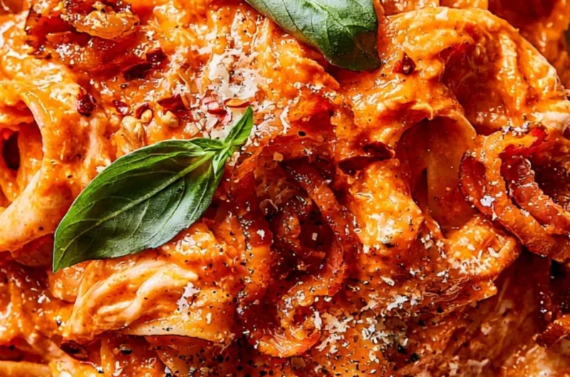 Delicious Italian Tagliatelle pasta with pancetta, fresh basil, and mozzarella cheese