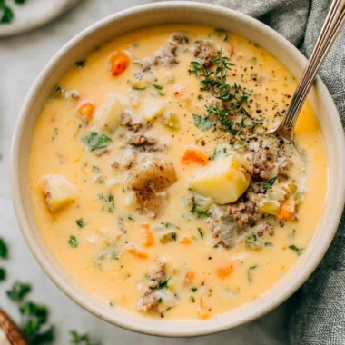 Bowl of Legendary Sausage Potato Soup with chunks of sausage and potatoes