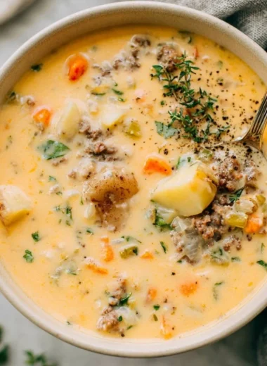 Bowl of Legendary Sausage Potato Soup with chunks of sausage and potatoes