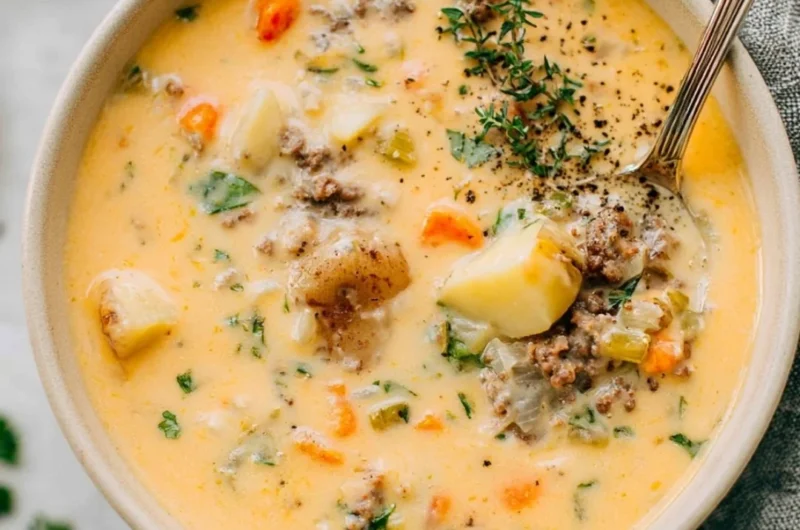 Bowl of Legendary Sausage Potato Soup with chunks of sausage and potatoes