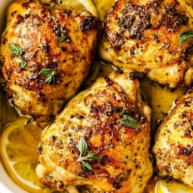 Delicious Lemon Greek Chicken garnished with herbs and lemon slices